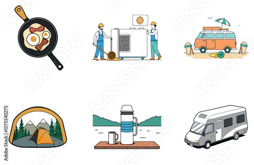 Camping Bundle. Motorhome Night Sky Collection Icons