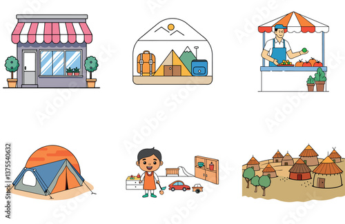 Camping Bundle. Swiss Alps Mountaineering Summit Collection Icons