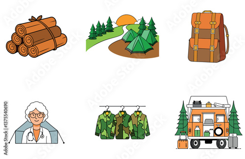 Camping Bundle. Nightlife Outdoor Beer Collection Icons