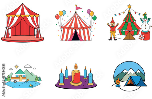 Camping Bundle. Red and White Circus Tent Collection Icons