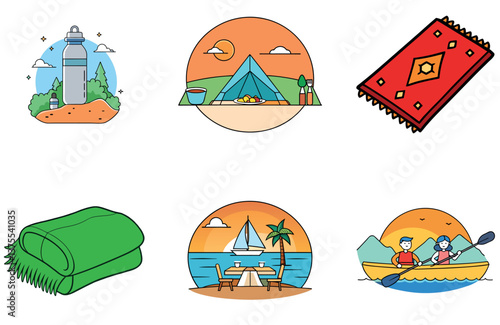 Camping Bundle. Ultralight Backpacking Gear Collection Icons