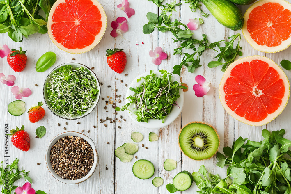 Spring healthy vegan food cooking ingredients. Flat-lay of vegetables, fruit, seeds, sprouts, flowers, greens over white wooden background, top view. Clean eating, diet food concept Spring healthy vegan food cooking ingredients. Flat-lay of vegetables, fruit, seeds, sprouts, flowers, greens over white wooden background, top view. Clean eating, diet food concept