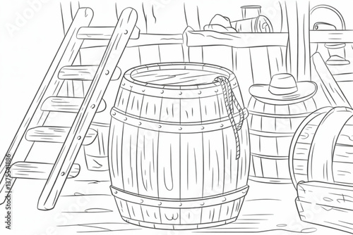 Western saloon barrel and wooden crates with cowboy hat and rope in rustic barn interior line art illustration