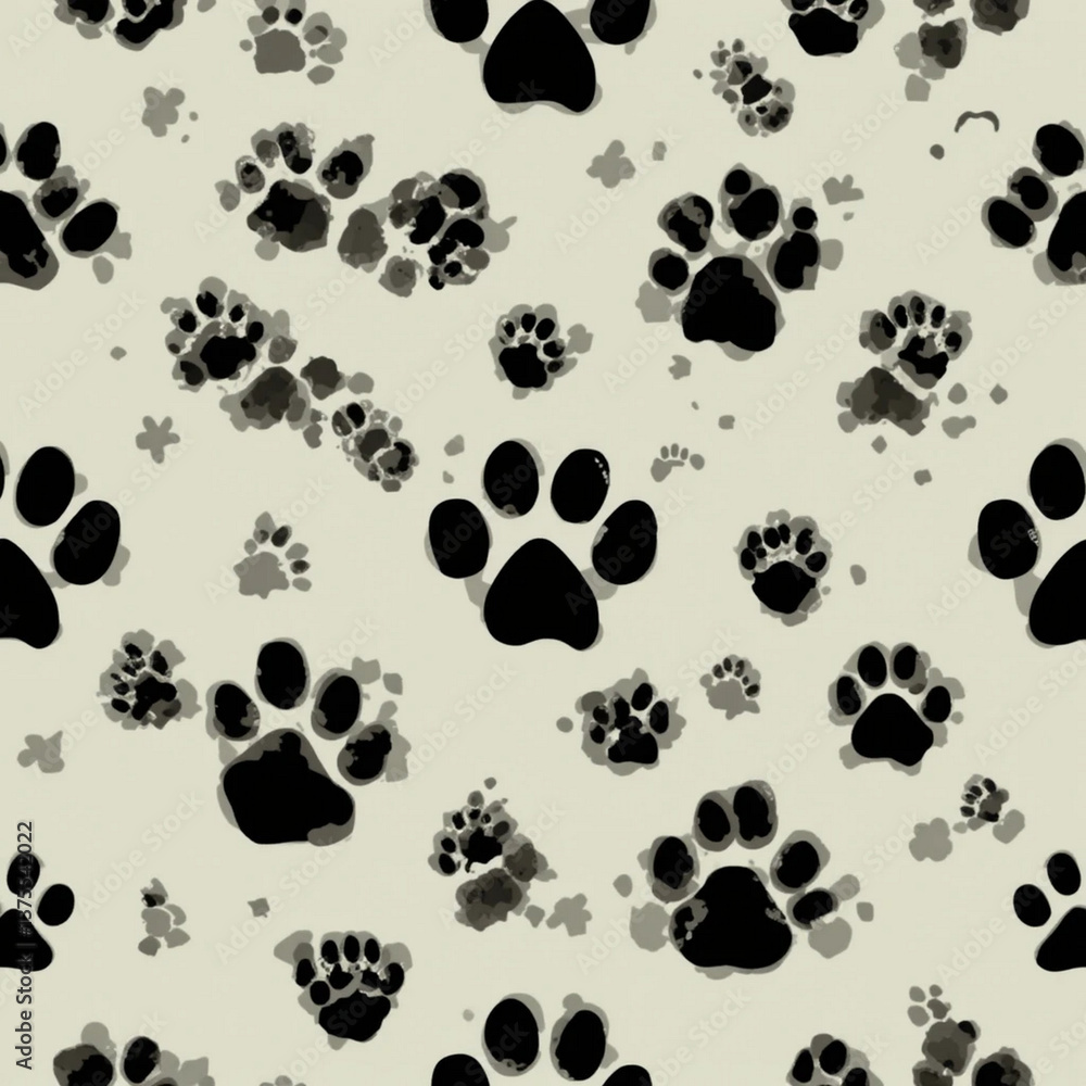 Fototapeta premium A seamless vector pattern of cat and dog paw prints in a diagonal trail. The design is black silhouette style, perfect for t-shirts, backgrounds, pattern