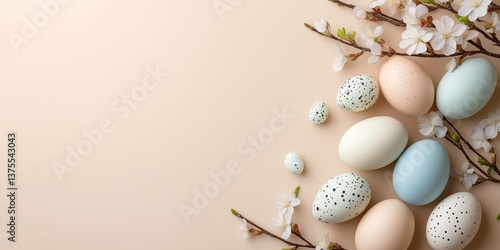 A white background with a bunch of eggs and flowers. The eggs are of different colors and sizes, and the flowers are in the background. Concept of springtime and new beginnings