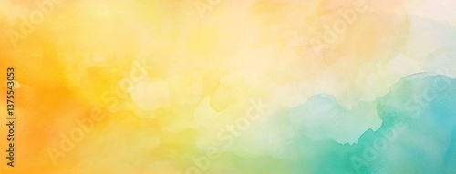 Colorful watercolor background of abstract sunset sky with paint blotches and soft blurred texture in blue green yellow beige and orange border in gradient paint colors 