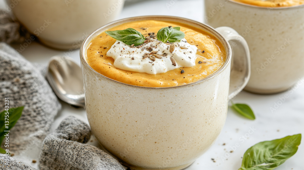Creamy soup topped with herbs and spices in cozy setting Creamy soup topped with herbs and spices in cozy setting
