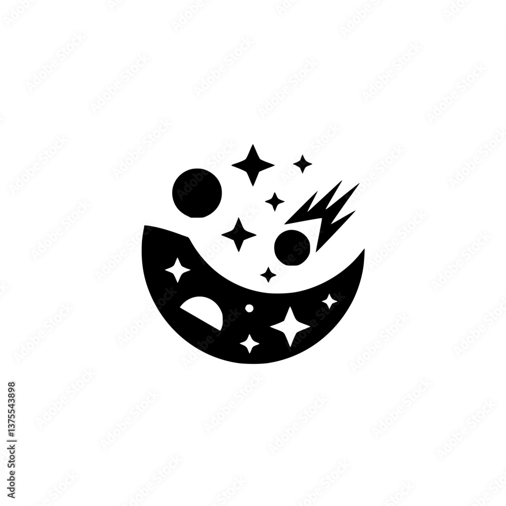 Obraz premium Abstract Space Logo: Moon, Stars, and Comet in Modern Minimalist Style
