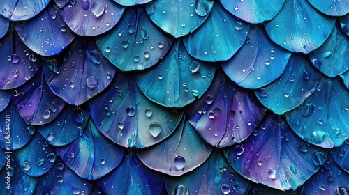 Close-up view of vibrant blue and purple water droplets on textured leaf-like scales, showcasing nature's beauty