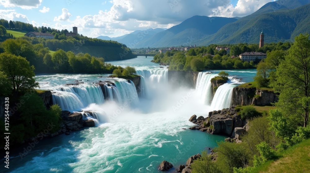 Fototapeta premium Aerial view of Rhine Falls in Switzerland on a sunny midday, with sunlight gleaming off the water and the waterfall surrounded by lush green scenery.