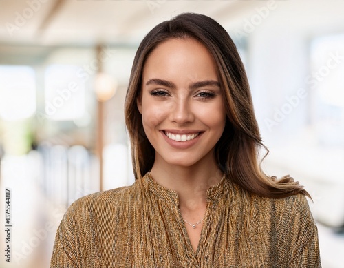 A smiling brunette businesswoman with a joyful expression looking at the camera in a close-up portrait at home