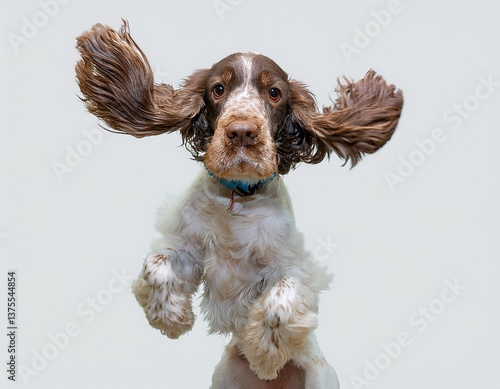 Cute studio portrait of Cavalier King Charles Spaniel and Cocker Spaniel puppy sitting, brown and white spaniel dogs, purebred pets isolated