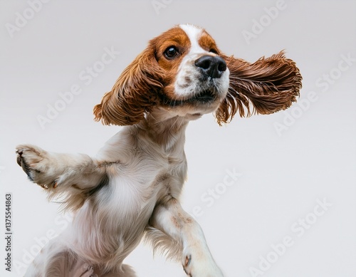 Cute studio portrait of Cavalier King Charles Spaniel and Cocker Spaniel puppy sitting, brown and white spaniel dogs, purebred pets isolated