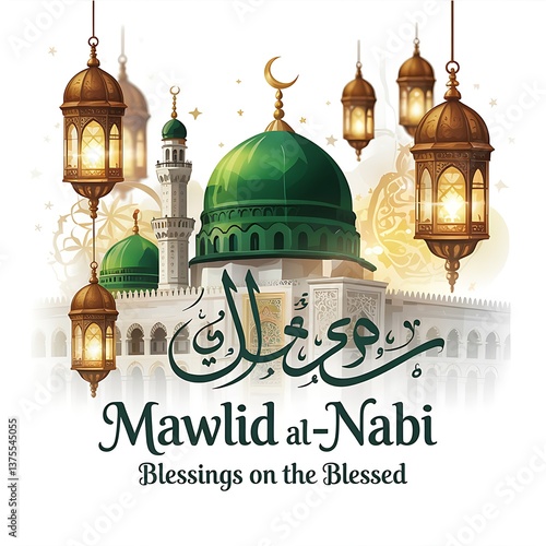 Wallpaper Mural Elegant Mawlid al-Nabi Celebration Design Featuring Islamic Calligraphy Green Dome Crescent Moon Lanterns Mosque Minaret the Birth of Prophet Muhammad Perfect for Religious Events Festive Greetings Torontodigital.ca