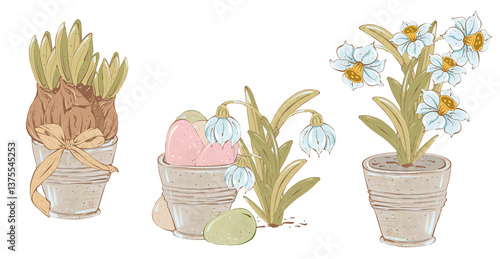 Set of Easter decor elements in pastel colors, isolated. Easter eggs and spring flowers in a pot. Design elements for stickers, postcards, patterns.