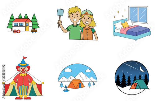 Camping Bundle. Teepee Village Sunset Collection Icons