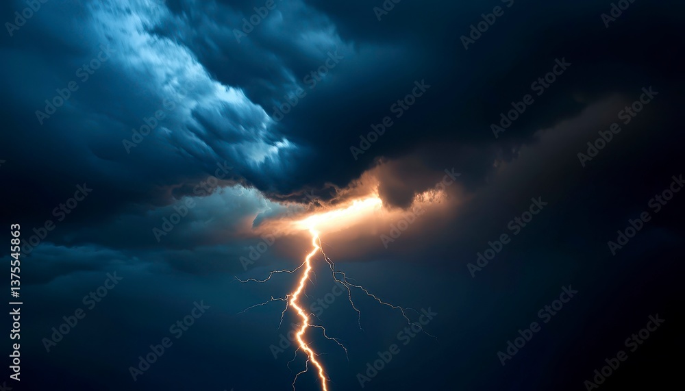 Fototapeta premium A summer thunderstorm with heavy rain gusty winds and flashes of lightning brightening the dark clouds. Fierce storm bright sky.