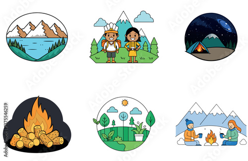 Camping Bundle. Worn Brown Hiking Boots Collection Icons