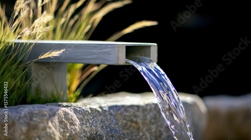 close up of a landscape integrated water harvesting system designed for storm water rain water and waste water collection and reuse photorealistic. Water system closeup.