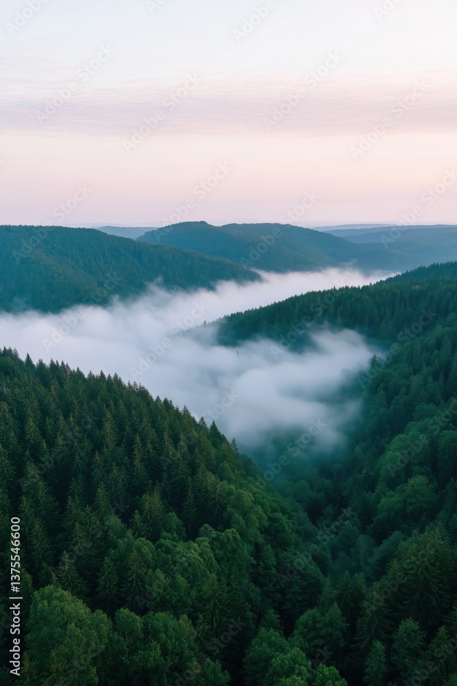 The sky is a beautiful shade of pink and the mountains are covered in trees. The misty atmosphere adds to the serene and peaceful mood of the scene The sky is a beautiful shade of pink and the mountains are covered in trees. The misty atmosphere adds to the serene and peaceful mood of the scene