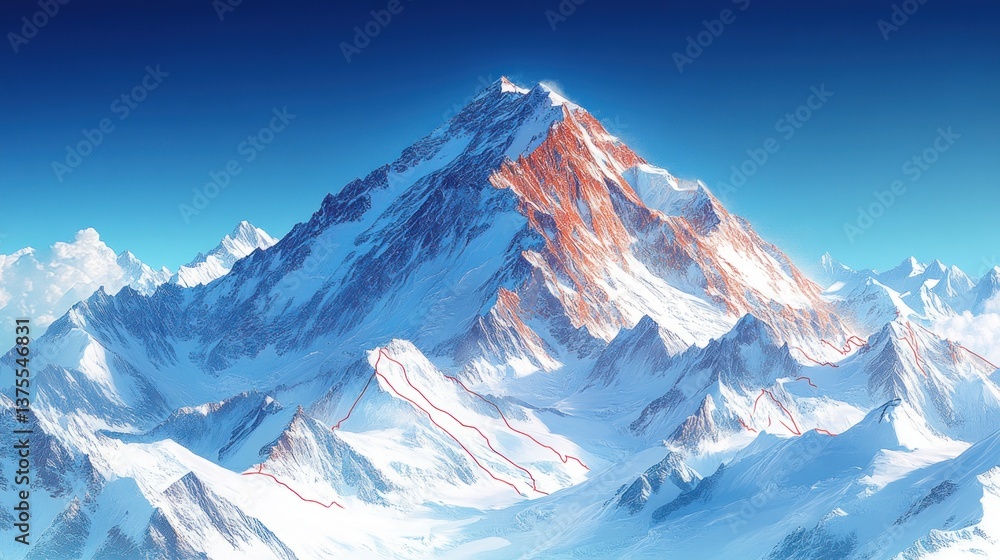 Obraz premium Mount Everest Illustration Climbing Routes Base Camp Summit Lhotse Nuptse Himalayas Alpine Adventure