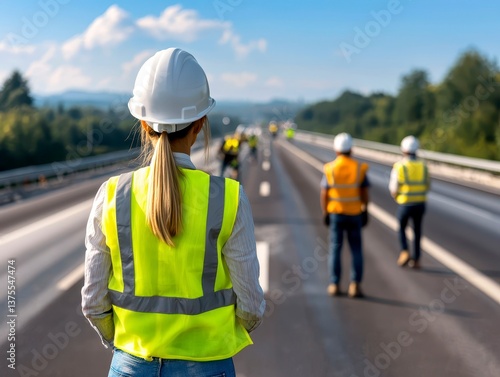 Female engineer at a road construction site white hard hat and safety vest supervising workers motorway construction progress blue sky rear view. Woman oversees highway building.