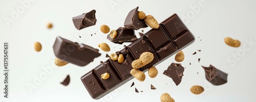 Flying chocolate bars with peanuts pieces of chocolate breaking apart 3D illustration. Sweet treats soar in 3d.