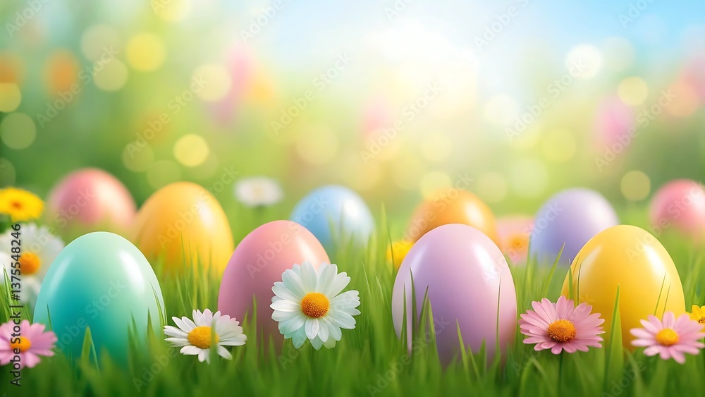 Pastel Easter eggs nestled in vibrant spring grass, bathed in warm sunlight, celebrating new beginnings and springtime joy. Pastel Easter eggs nestled in vibrant spring grass, bathed in warm sunlight, celebrating new beginnings and springtime joy.