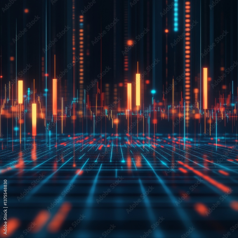 Abstract Tech Landscape: Digital Grid with Glowing Data Streams and Financial Chart Elements Abstract Tech Landscape: Digital Grid with Glowing Data Streams and Financial Chart Elements