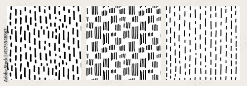Set of hand drawn seamless black and white patterns with irregular stripes and brush strokes. Modern abstract textures for backgrounds, fabrics, packaging, graphic design. Trendy minimalistic style