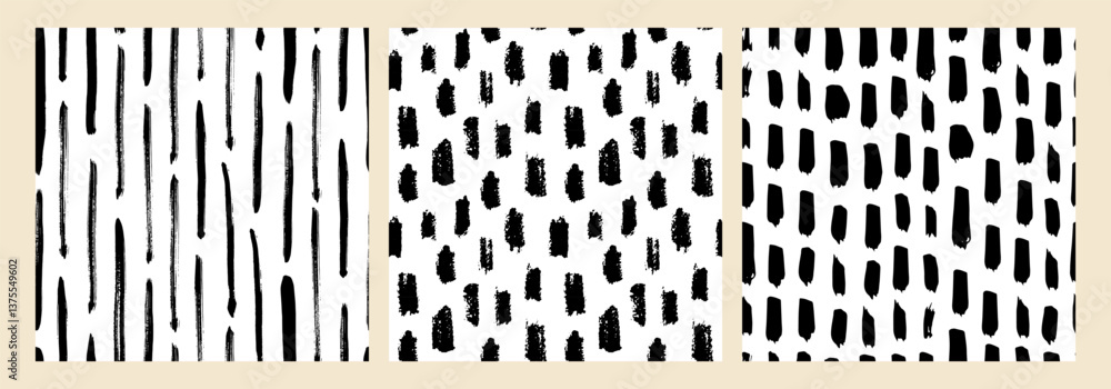 Set of seamless abstract black and white patterns with hand drawn brush strokes. Modern minimalistic design for backgrounds, textiles, packaging, and creative projects. Trendy vector collection.