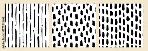 Obraz na płótnie Set of seamless abstract black and white patterns with hand drawn brush strokes. Modern minimalistic design for backgrounds, textiles, packaging, and creative projects. Trendy vector collection. w salonie