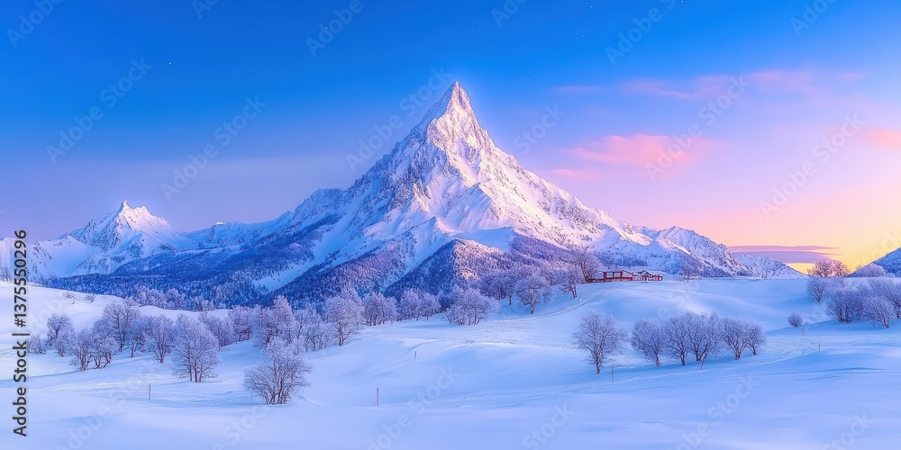 Obraz premium Snow-covered mountain peak under pastel sunrise sky. Wide panoramic winter valley with frosted trees and blue shadows. Calm resilience and fresh opportunity. Ideal for branding, presentations