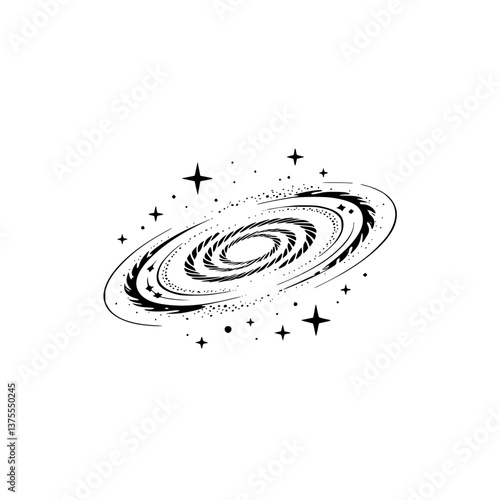 Minimalist Black and White Galaxy Illustration on White Background