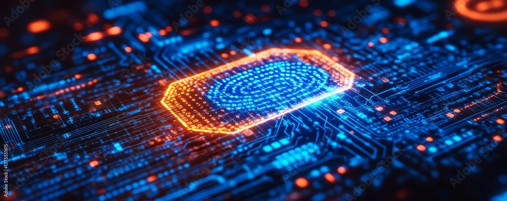 Digital fingerprint on a circuit board with blue and orange lights representing data flow and security Digital fingerprint on a circuit board with blue and orange lights representing data flow and security