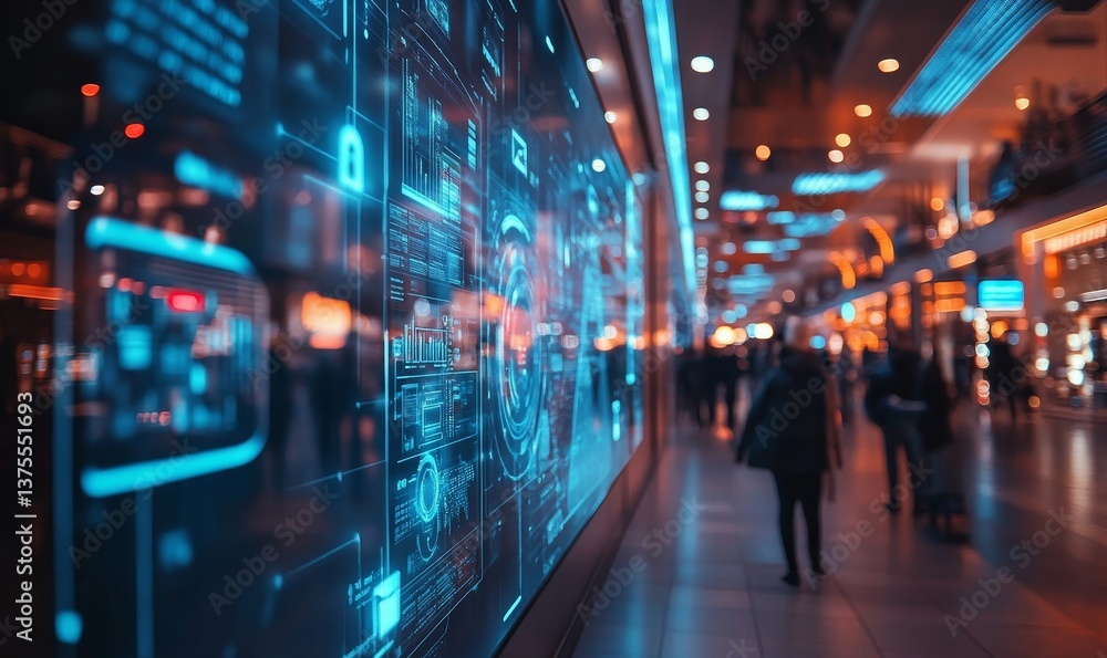 Futuristic display with blue hud elements in a busy public space with people walking by it at night Futuristic display with blue hud elements in a busy public space with people walking by it at night
