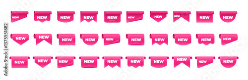 Pink tag collection featuring sale and new labels. Includes red scrolls, banners, discount ribbons, shopping tags, and promotional icons.