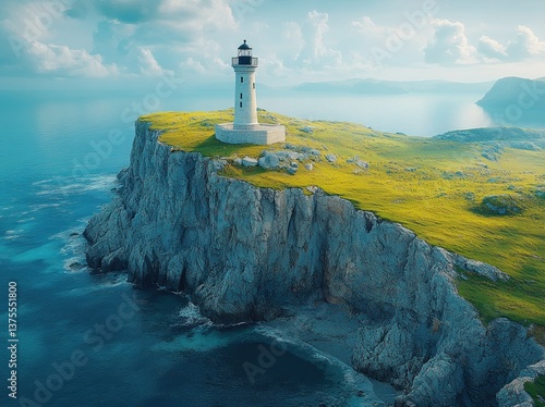Aerial View of Coastal Lighthouse on Rocky Cliff with Ocean Landscape in Brittany France
