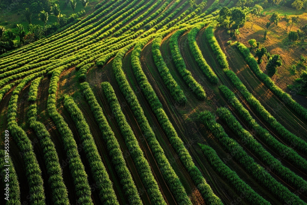 Fototapeta premium Flying over neat rows of coconut plantations under the warm sun in a tropical landscape, Flying over the even rows and plantations of coconut trees