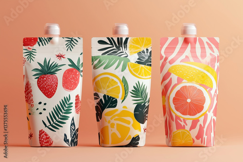 Design of three pouches with plastic stoppers for fruit juice packaging