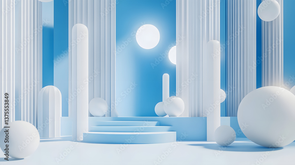 3d rendering of white and blue abstract geometric background. Scene for advertising, technology, showcase, banner, game, sport, cosmetic, business, metaverse. Sci-Fi Illustration. Product display