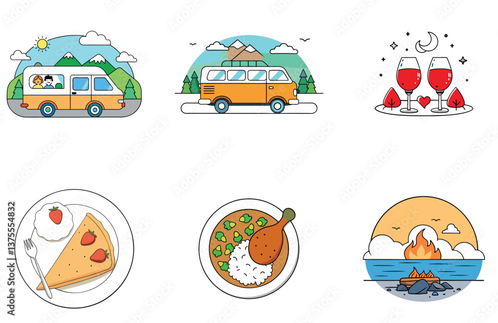 Camping Nightlife. A Bundle of Vibrant and Festive Collection Icons Camping Nightlife. A Bundle of Vibrant and Festive Collection Icons