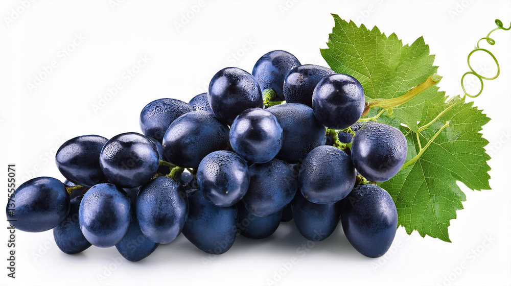 Close up of a bunch of fresh black grapes with green leaves. Close up of a bunch of fresh black grapes with green leaves.