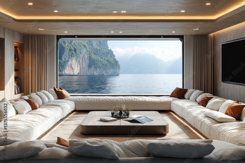 Bright living room with large window overlooking ocean and cliffs and u shaped sofa with pillows Bright living room with large window overlooking ocean and cliffs and u shaped sofa with pillows