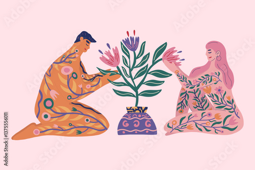 Romantic couple take care of flower symbol of family, equality, love. Spring vector design concept for Valentines Day card, poster, tshirt print.