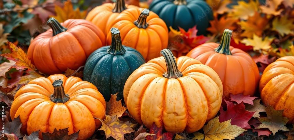 A bountiful autumn harvest display featuring vibrant pumpkins nestled amongst colorful fall leaves, orange, texture A bountiful autumn harvest display featuring vibrant pumpkins nestled amongst colorful fall leaves, orange, texture