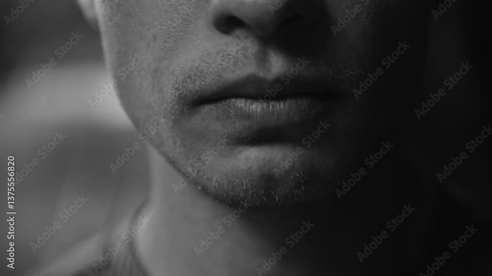 Dramatic close-up portrait of a young man's face in monochrome black and white video, looking at the camera with a stern, worried expression. Shallow depth of field Dramatic close-up portrait of a young man's face in monochrome black and white video, looking at the camera with a stern, worried expression. Shallow depth of field