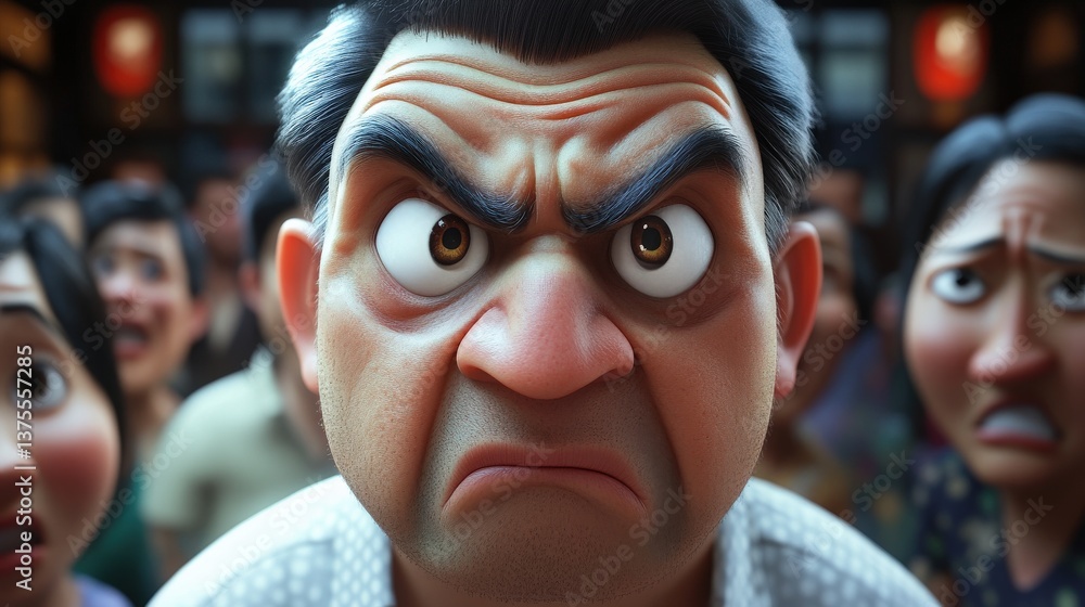 A menacing 3D-animated character with an angry expression, brimming with emotion, capturing the essence of frustration and intensity in a playful artistic style. A menacing 3D-animated character with an angry expression, brimming with emotion, capturing the essence of frustration and intensity in a playful artistic style.