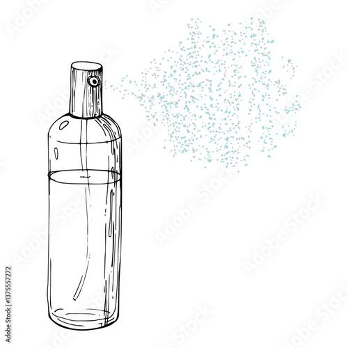 Sprayed mist bottle perfume cologne moisturizer oil serum deodorant cleanser sanitizer. Line vector hand drawn ink sketch, isolated composition. Beauty parlor illustration, packaging, cosmetics shop.