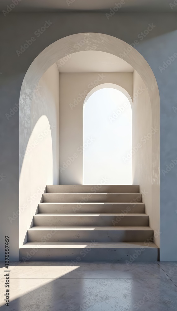 Abstract interior with geometric concrete stairway leading up to empty archway, modern, industrial Abstract interior with geometric concrete stairway leading up to empty archway, modern, industrial